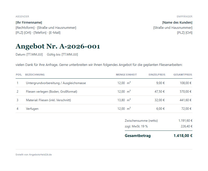 Vorschau der Fliesenleger-Angebotsvorlage