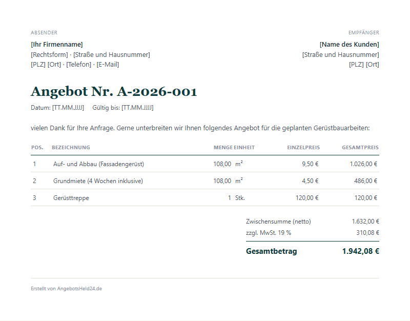 Vorschau der Gerüstbauer-Angebotsvorlage