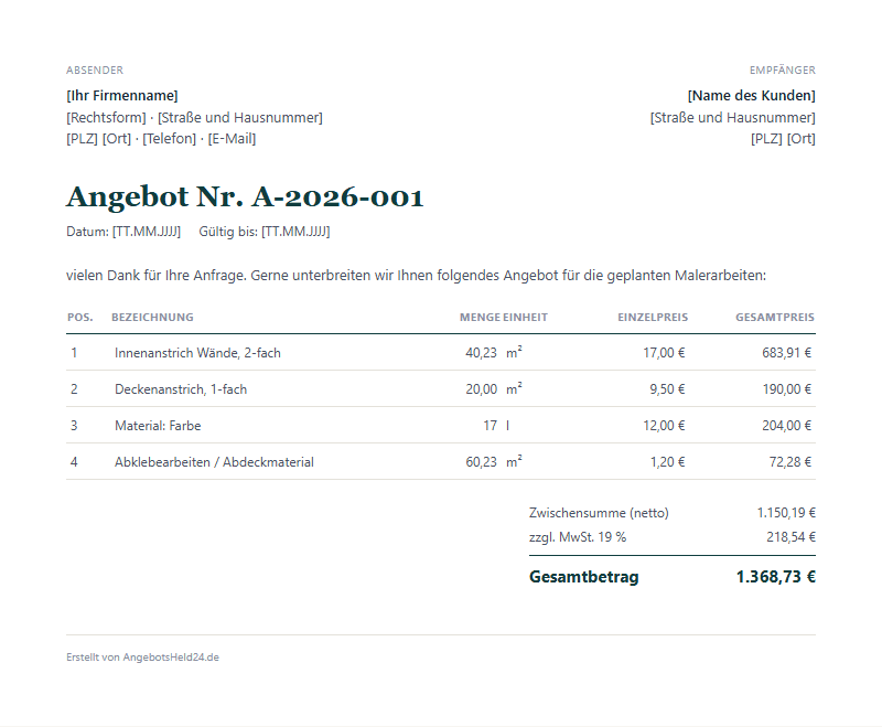 Vorschau der Maler-Angebotsvorlage